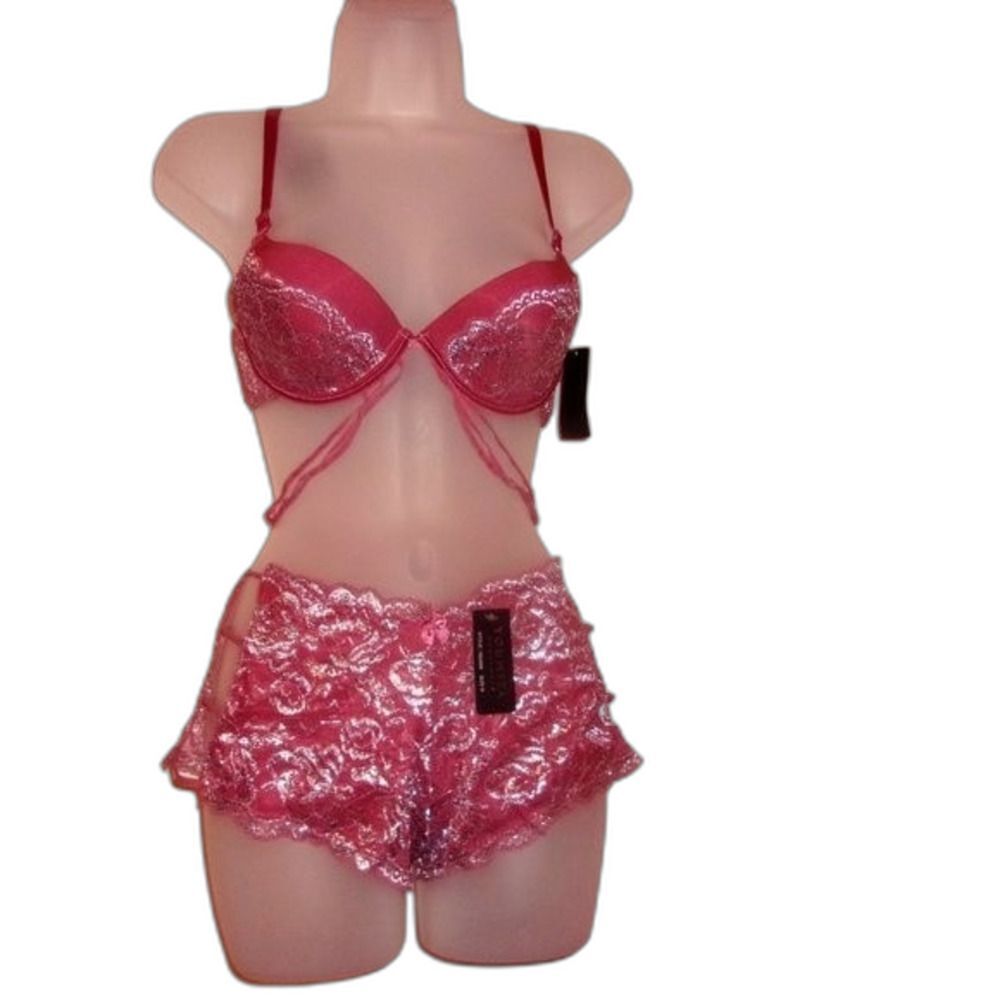 Youmita Mauvewood 34B Metallic Lace Plunge Bra Small Lace Caged Boyshorts NWT - Picture 2 of 14